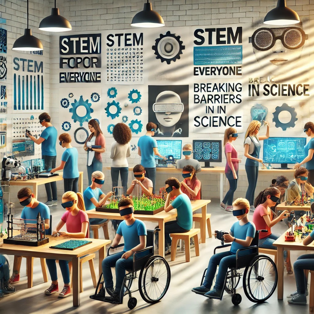 Blind and low vision students of various ages participating in STEM activities in a modern science lab with adaptive tools like Braille notetakers and tactile diagrams. The scene highlights collaboration and inclusion, with motivational posters in the background.